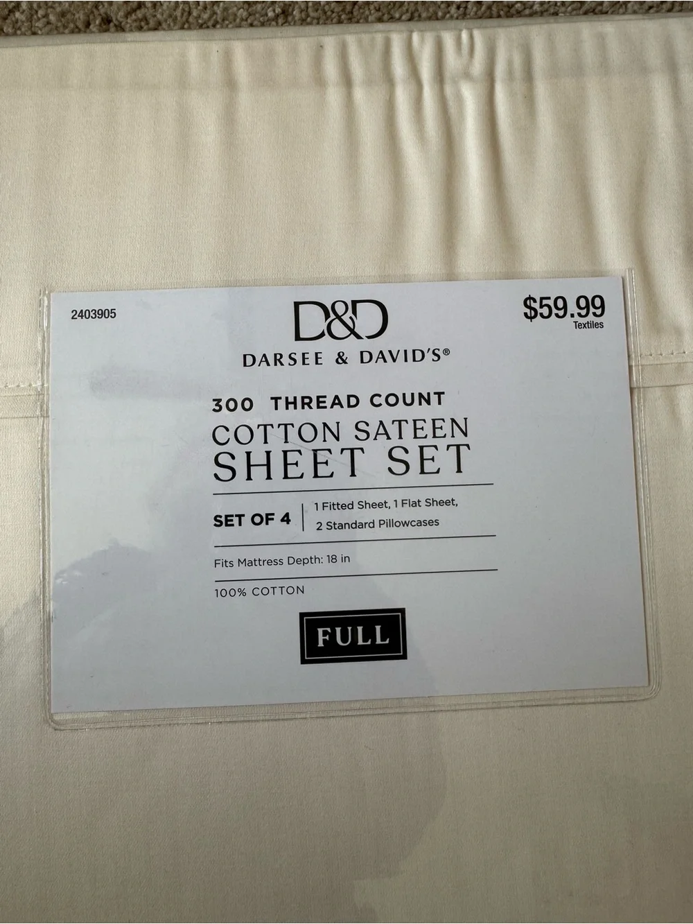 Cotton Sateen Full Sheet Set in Cream NWT